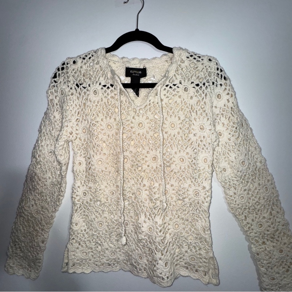 Boho Crochet Floral Knit Sweater Cream Handknit by Express‎ Size Small - Picture 5 of 12